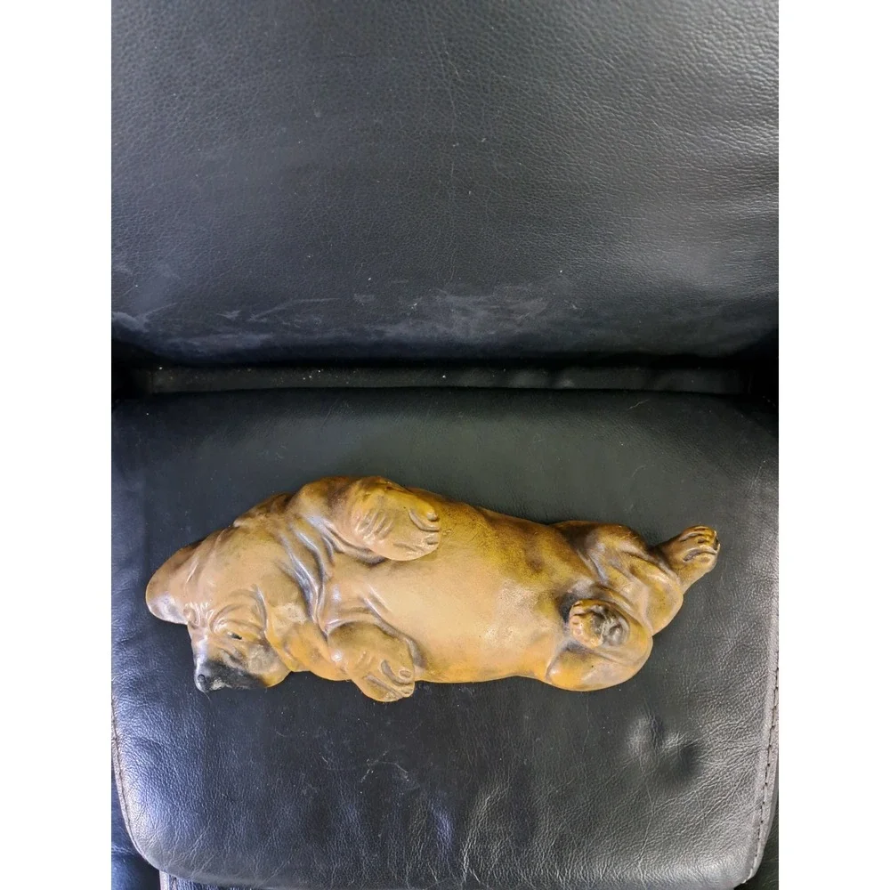 Vintage Chalkware Bassett Hound Dog Sad Eyes Laying On His Back Brown Black 12 